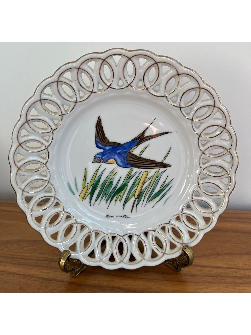 VINTAGE L'Amour China Hand Painted Plate Barn Swallow Openwork Border Gold Trim